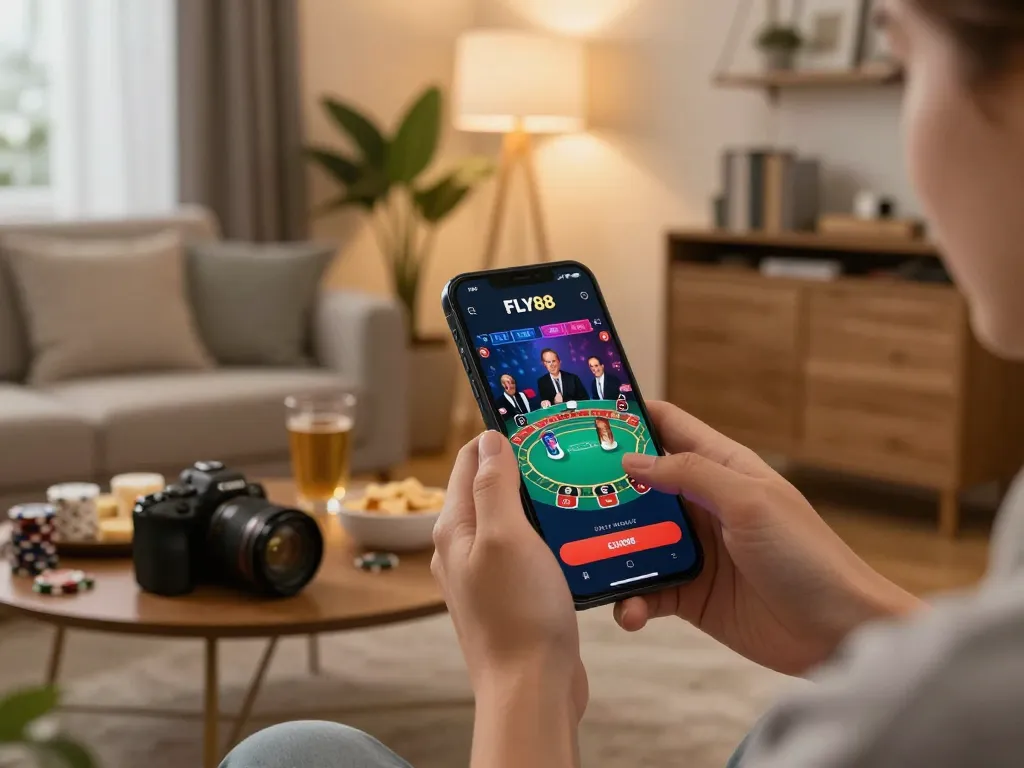 Engaged player using FLY88 app for a live dealer game on smartphone in a cozy home setting.