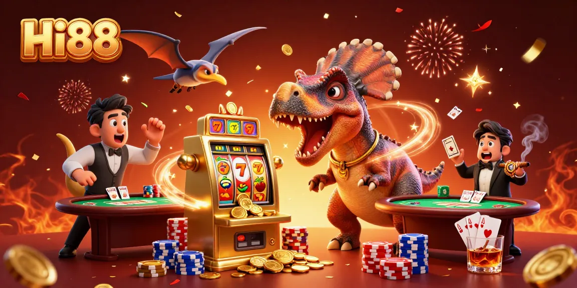 Hi88 showcases an exciting 3D scene with a pachycephalosaurus hitting a jackpot slot machine amidst casino chaos.
