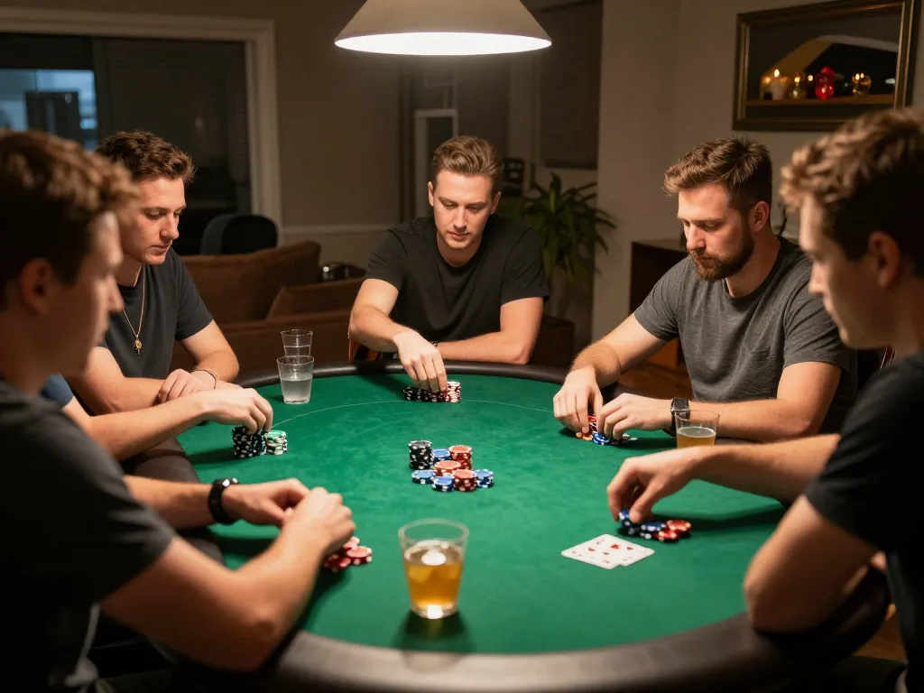 Engaging home poker night highlights Link vào lu88 with friends enjoying a competitive game.