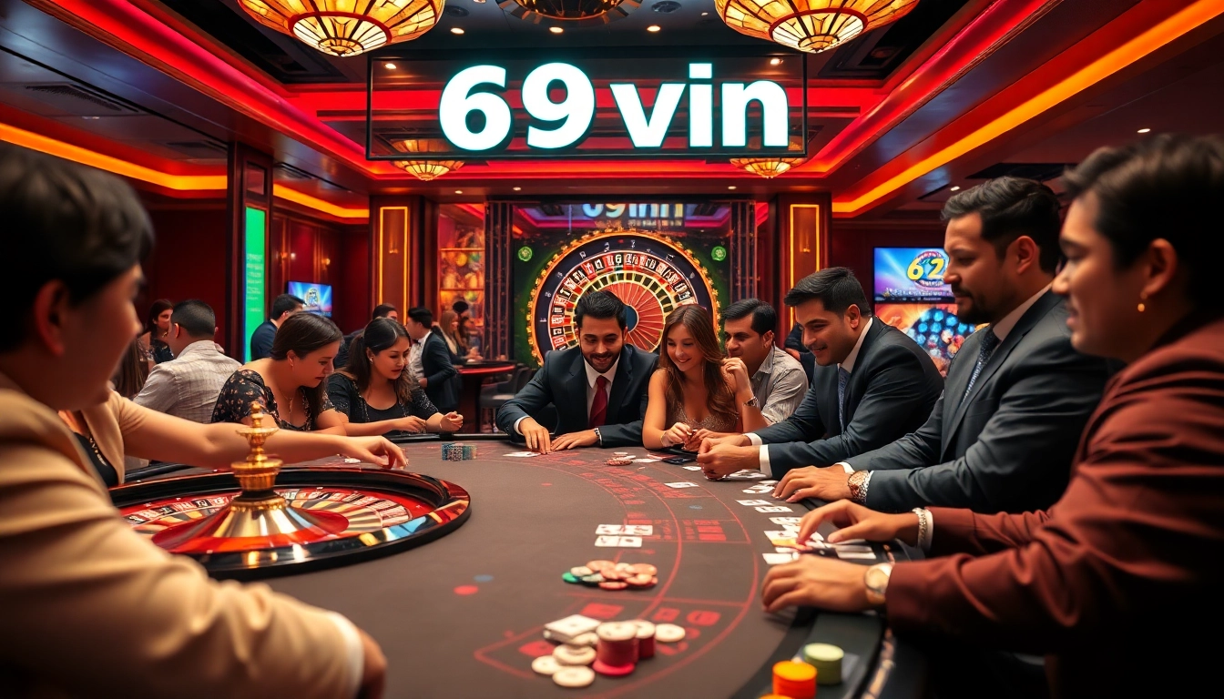 Players experiencing the thrill of betting at 69vn casino table with vibrant lighting.