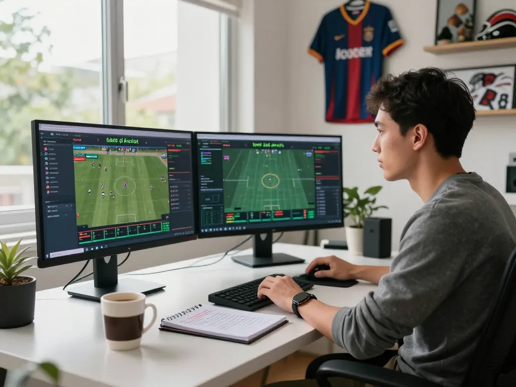 Engaging scene of a bettor analyzing tỷ lệ kèo trực tuyến with live match stats.