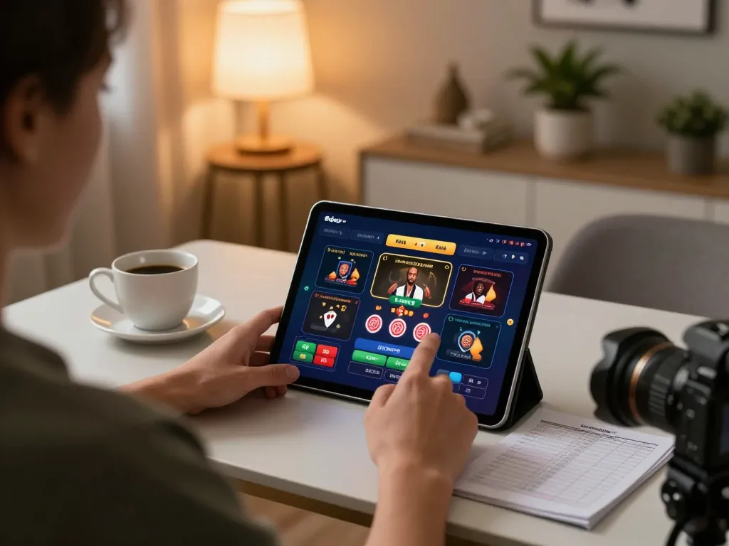 Person using the 8day app on a tablet in a cozy home setting, focusing on gameplay and bankroll management.