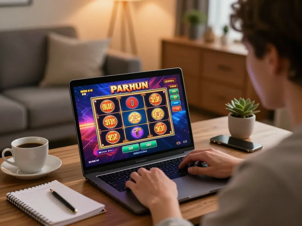 Engaging in online slots at nk88 with vibrant graphics and cozy setup