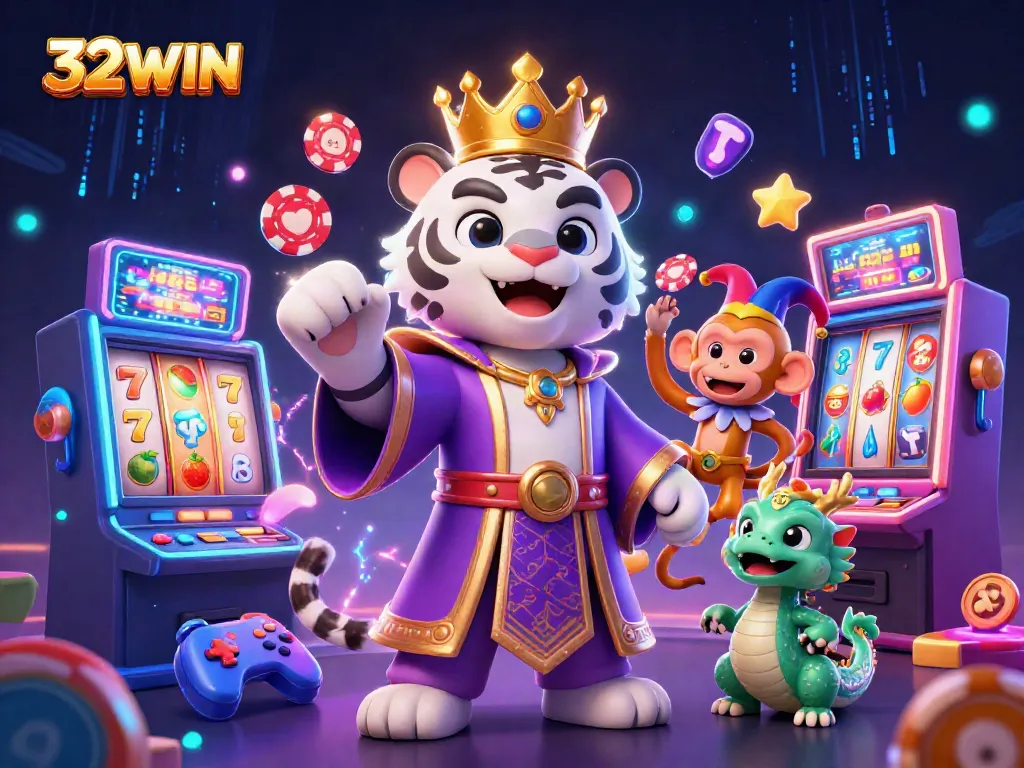 Engage with 32WIN's vibrant casino illustration featuring an elegant tiger, jester monkey, and jade dragon.