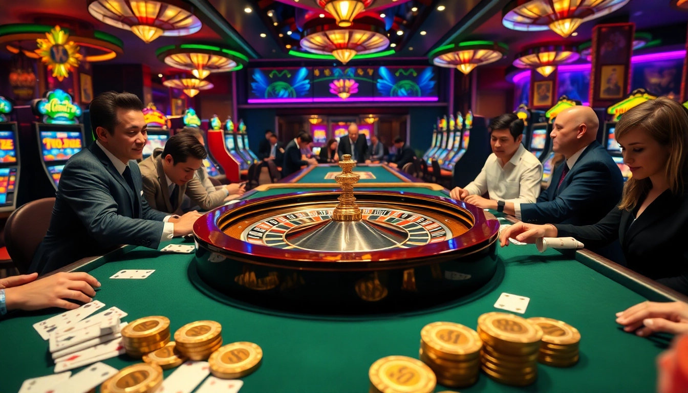 Gambling excitement at LC 88 casino with vibrant roulette wheel and dynamic players.