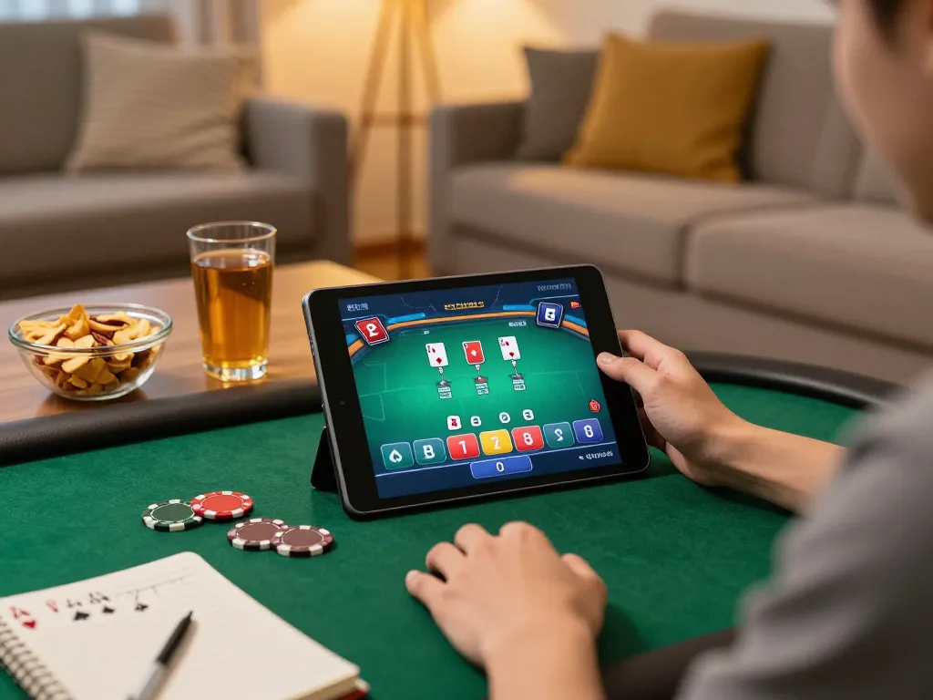 Engaged player enjoying poker on a tablet while strategizing at TT88 casino.