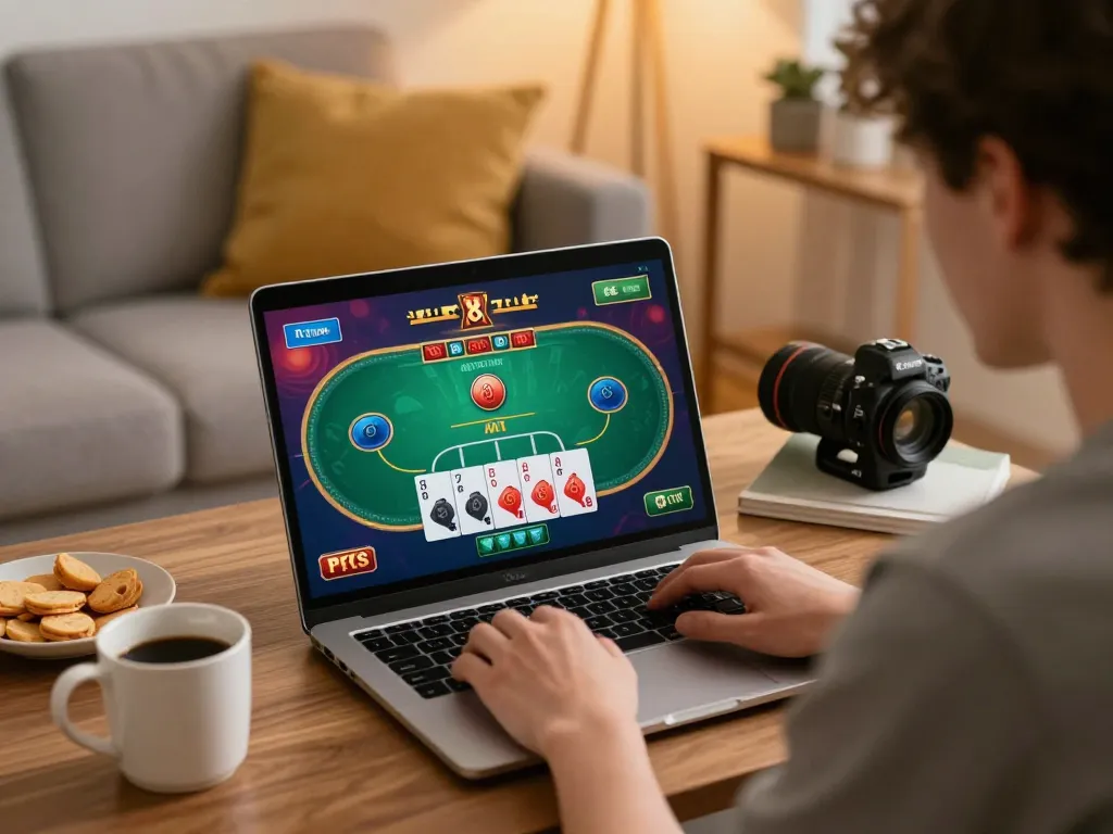Player enjoying poker on https://fabet11.sa.com/ from cozy home setting, capturing strategic gaming moment.