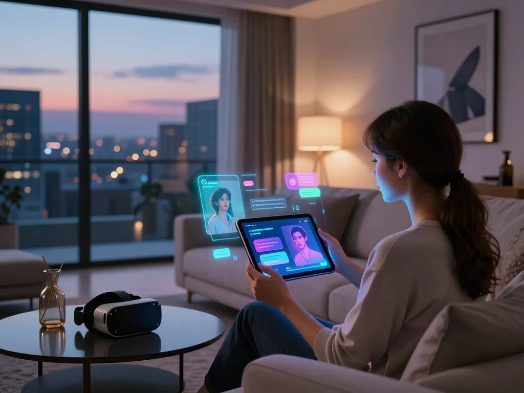 Engaging in immersive ai sex chat experience in a modern living room with high-tech tablet and holographic displays.