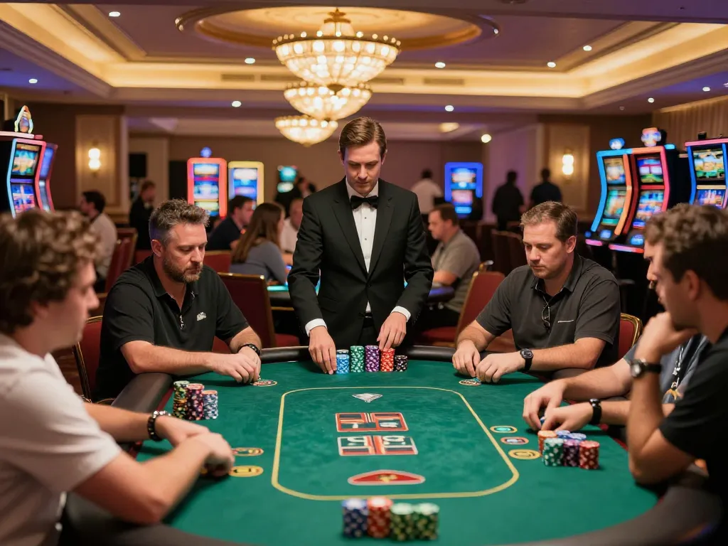 Experience thrilling poker action at OKFUN's vibrant casino tables, showcasing competitive gameplay.