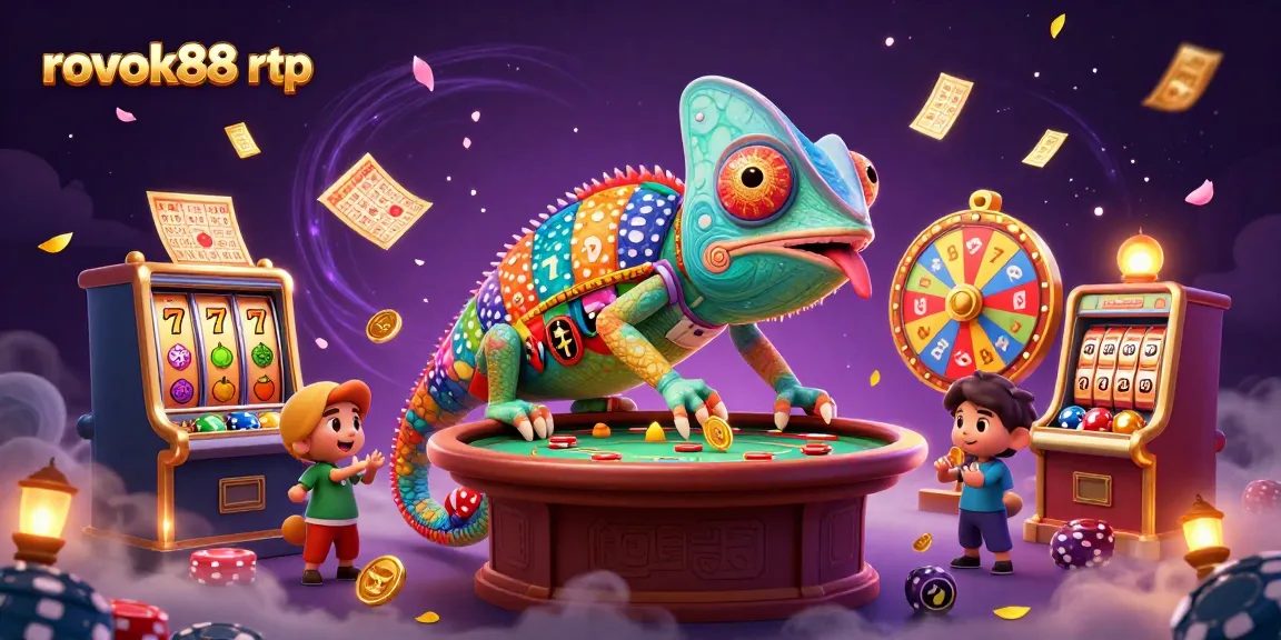Engage with rokok88 rtp in this thrilling casino illustration showcasing dynamic gaming elements and an animated chameleon owner.