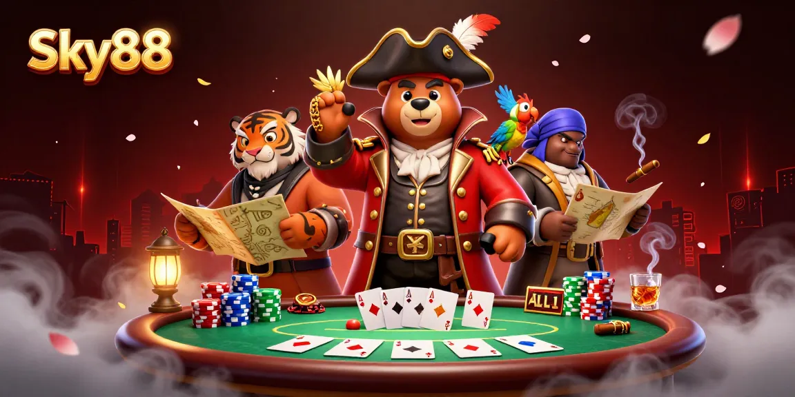 Sky88 casino adventure featuring cartoon characters, poker elements, and vibrant casino atmosphere.