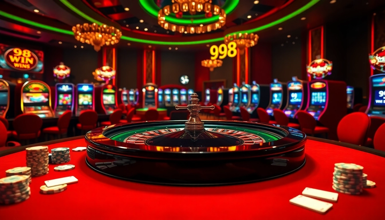 Feel the excitement as players aim for a 98 win at a glamorous casino roulette table.