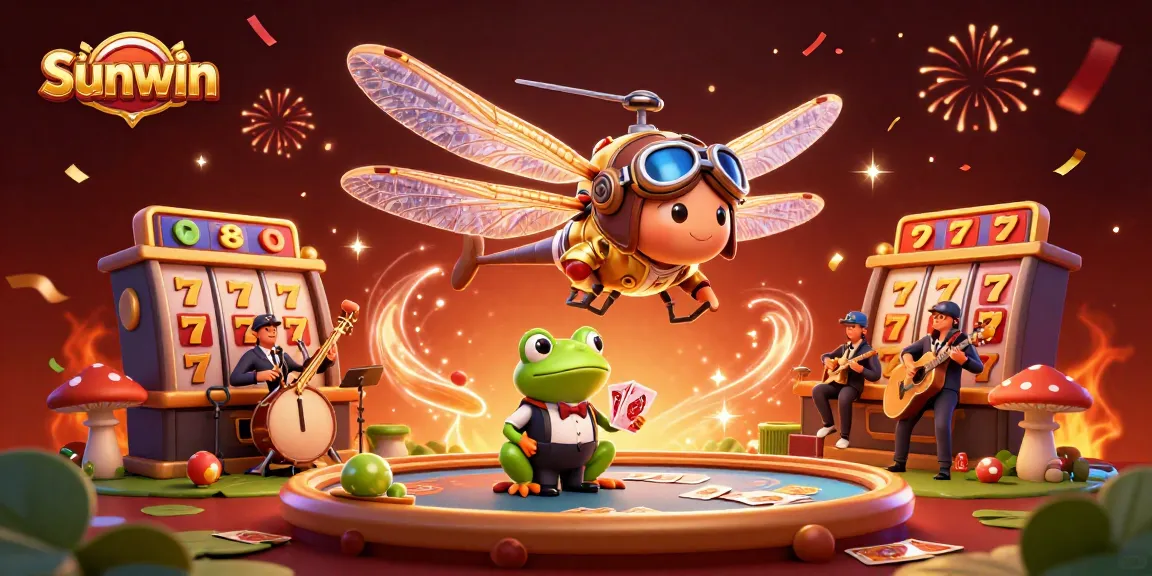 Experience exhilarating gaming at Sunwin with vibrant casino action featuring a dragonfly pilot and frog dealer.