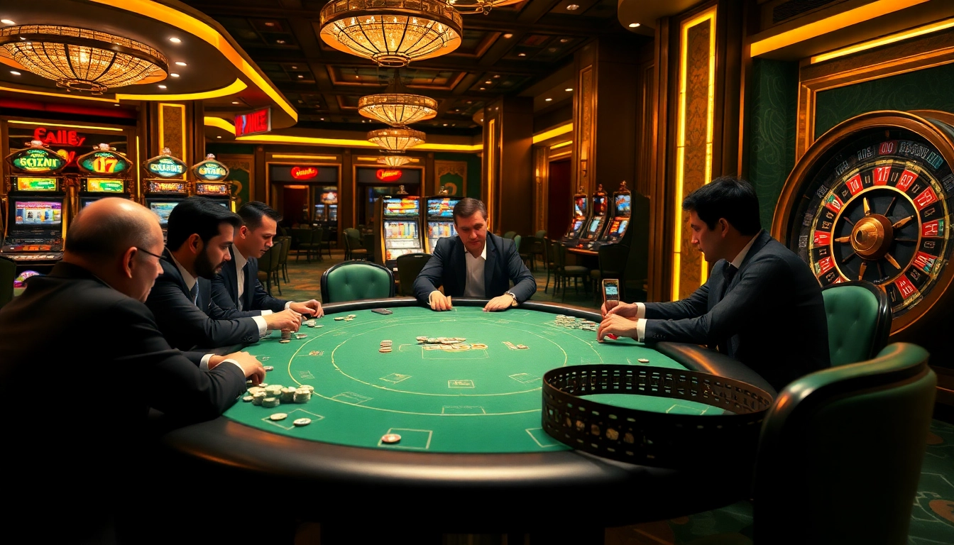 Players strategizing at a high-stakes poker table in an upscale casino, celebrating phimchill vibes.