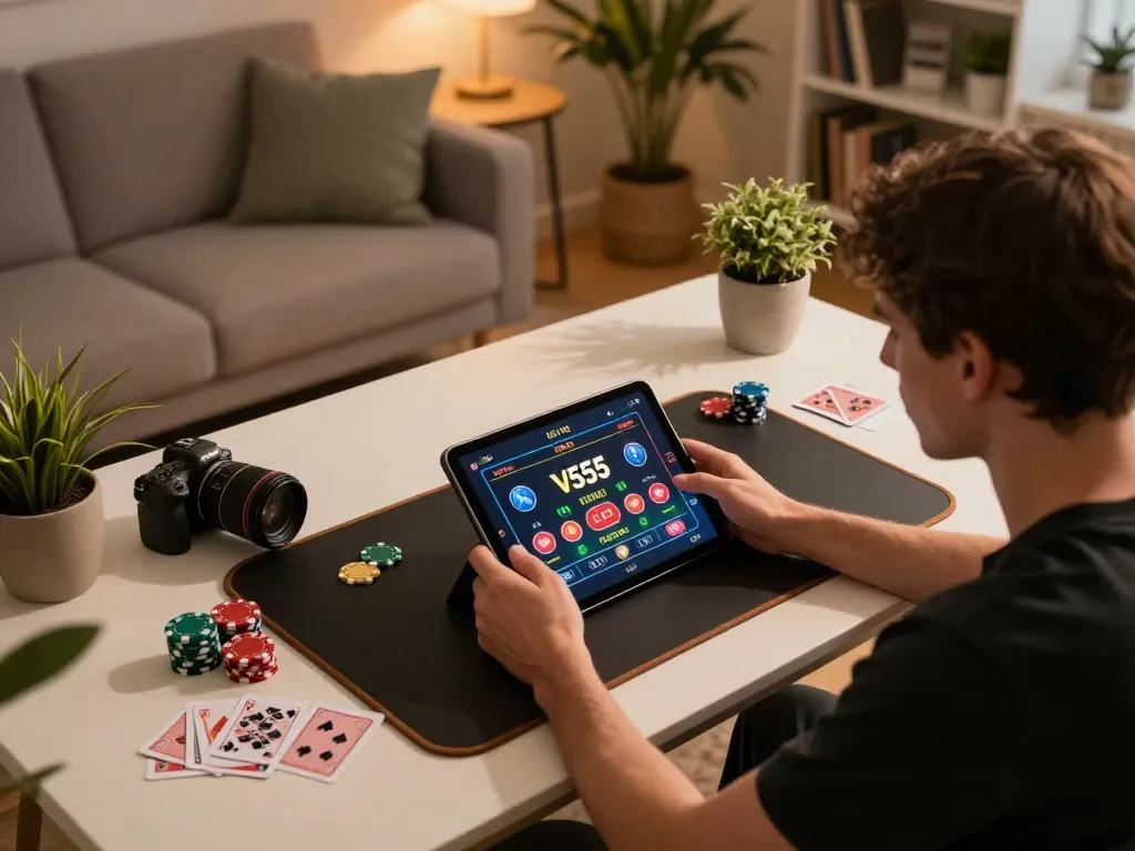 Player engaging in VS555 mobile gaming experience with poker chips and cards visible on the table