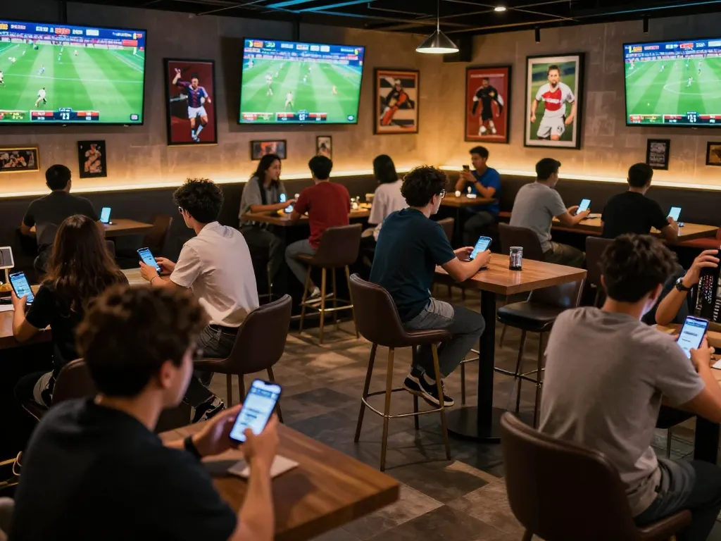 Fans engaged in soccerbetting at a lively sports lounge with multiple screens showing live matches.
