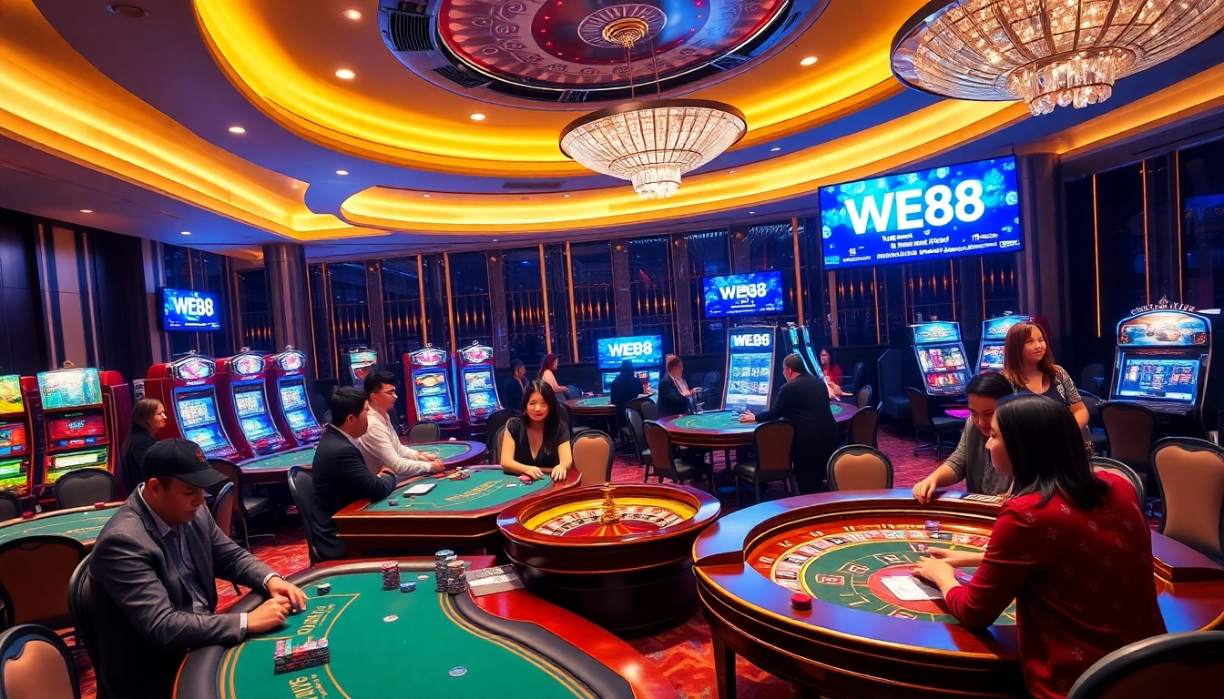 Experience the excitement of WE88 with vibrant casino games and engaging players in a luxurious setting.