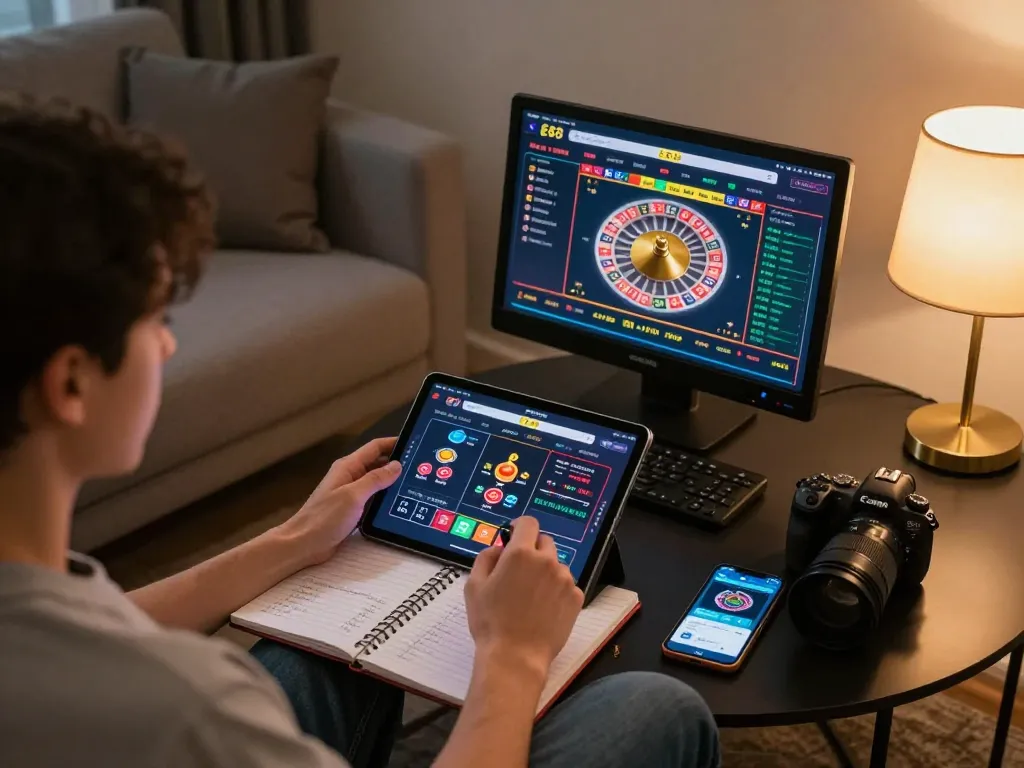 Engaged player using Ee88 casino app on tablet for online gaming in a cozy living room.
