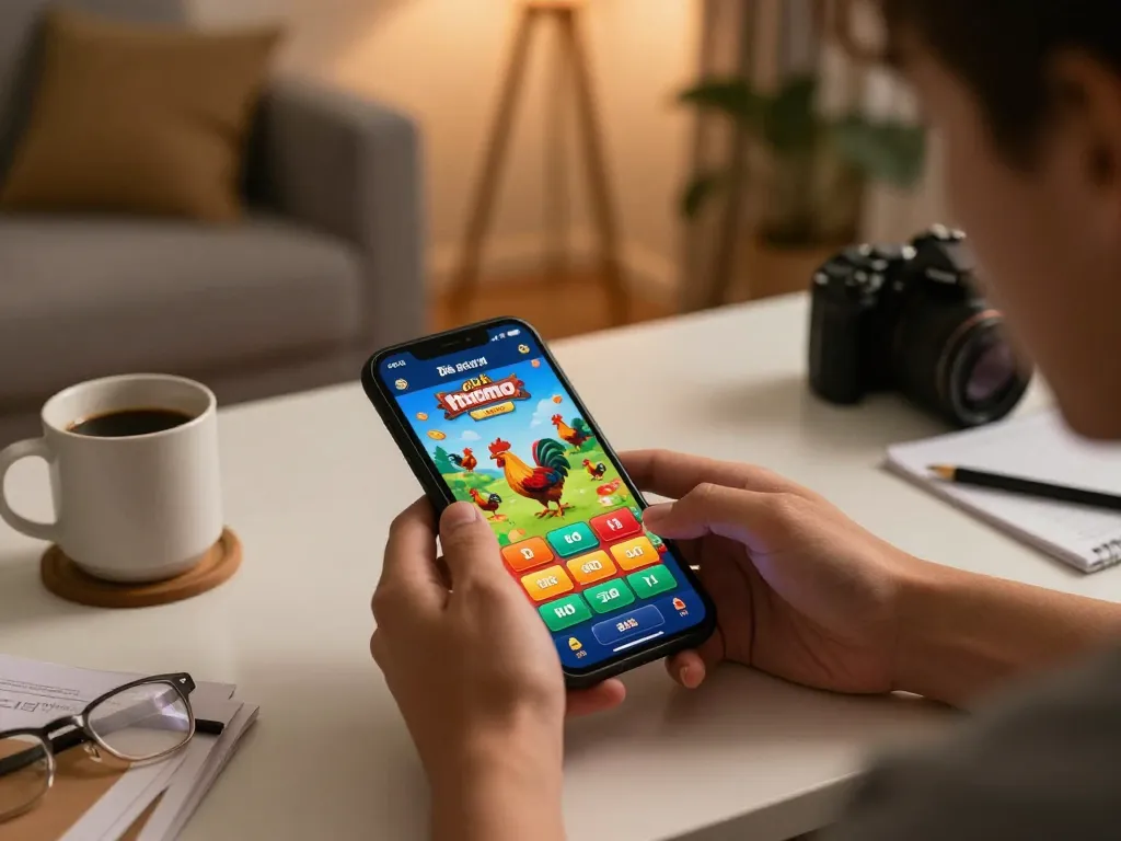 Engaged player interacting with Đá gà thomo mobile interface in a cozy home setting.