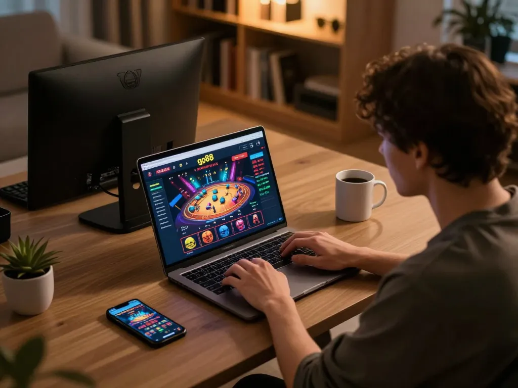 Engaging in online gambling at go88 platform with dual-screen setup showcasing strategy and gameplay.