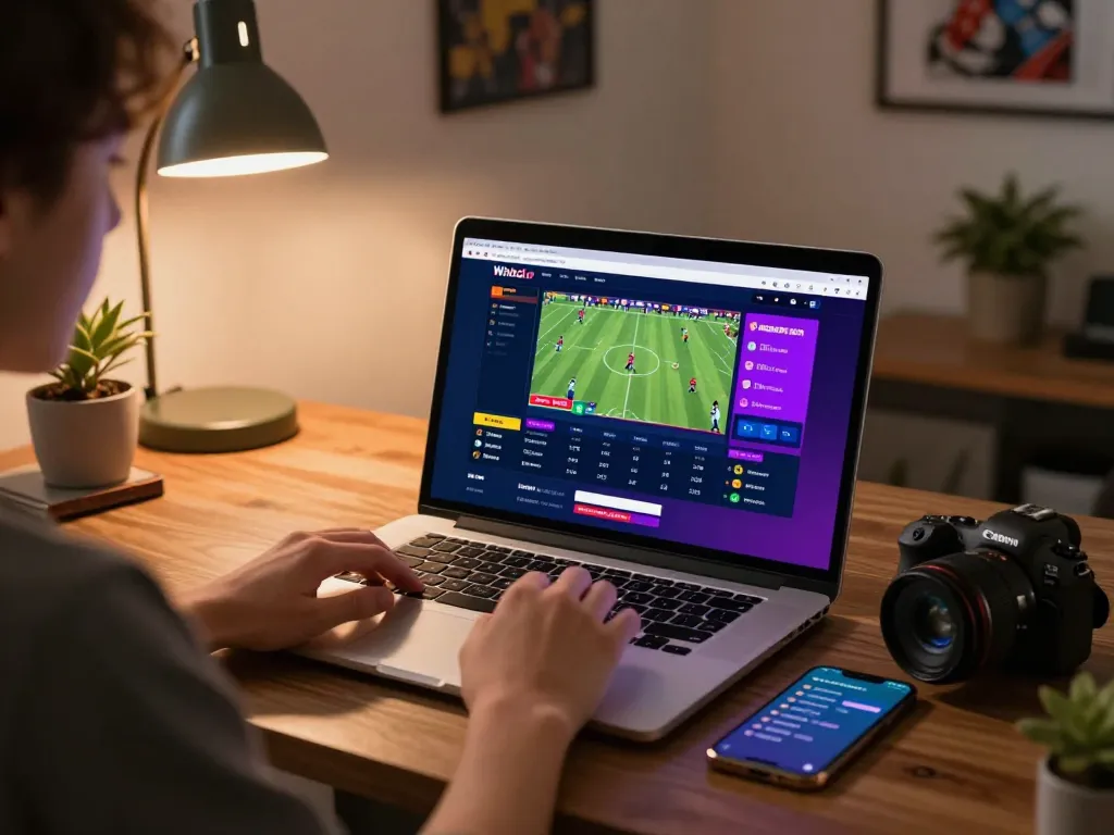 Engaging in sports betting on Winbd.io from a comfortable home office setup, laptop displaying odds and matches.