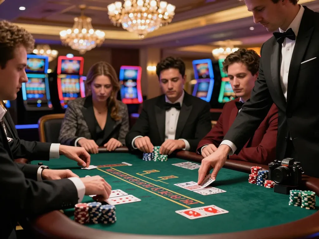 Players strategizing at a km777 blackjack table in a luxurious casino setting