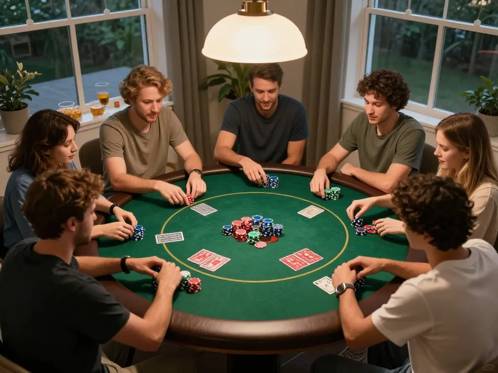 rr88 players enjoying an engaging poker night at home, showcasing friendly competition and strategy.