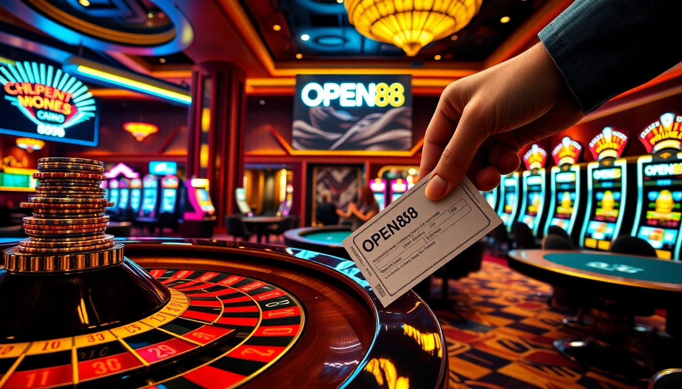 Experience the excitement of OPEN88 at a luxurious casino with vibrant slot machines and roulette.