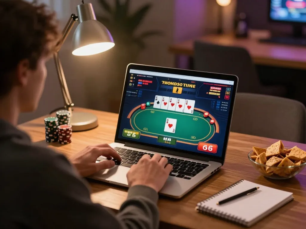 Player enjoying a strategic game session on 92SLOT poker interface on laptop with focused atmosphere.
