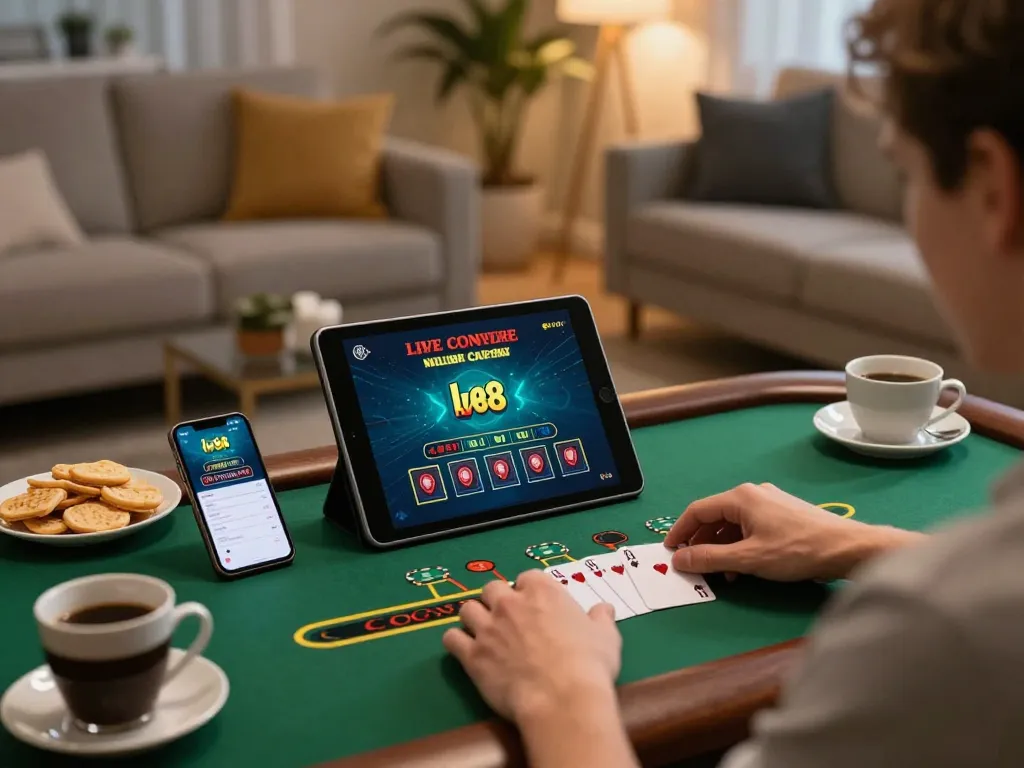 Engaging in a strategic live dealer blackjack game at lv88 casino from a cozy home setting