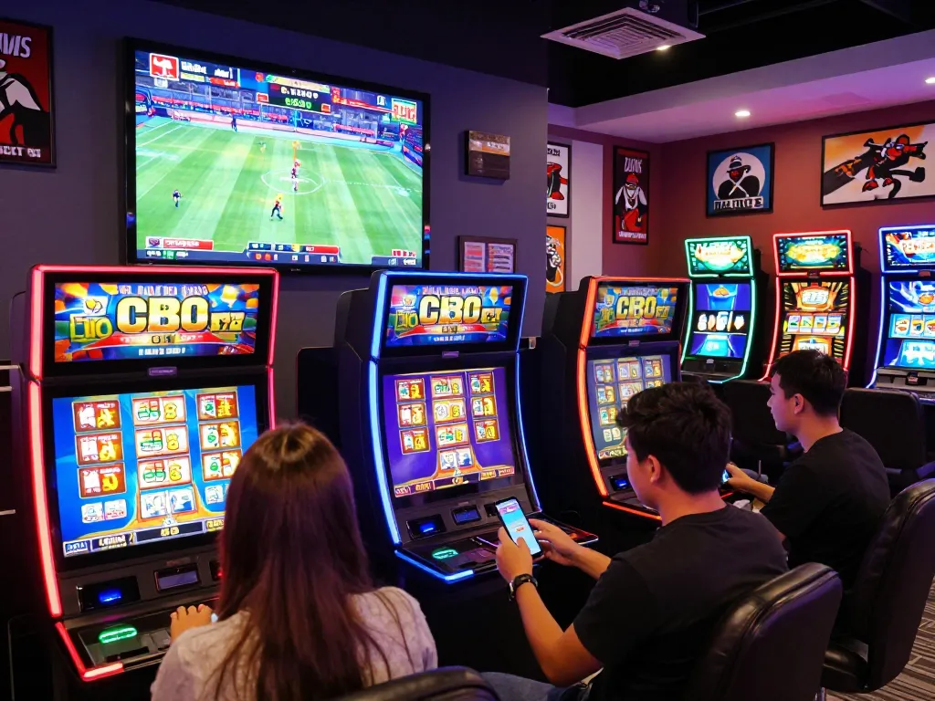 Exciting scene at FB88 com with diverse users betting on live sports and slot machines in a vibrant atmosphere.