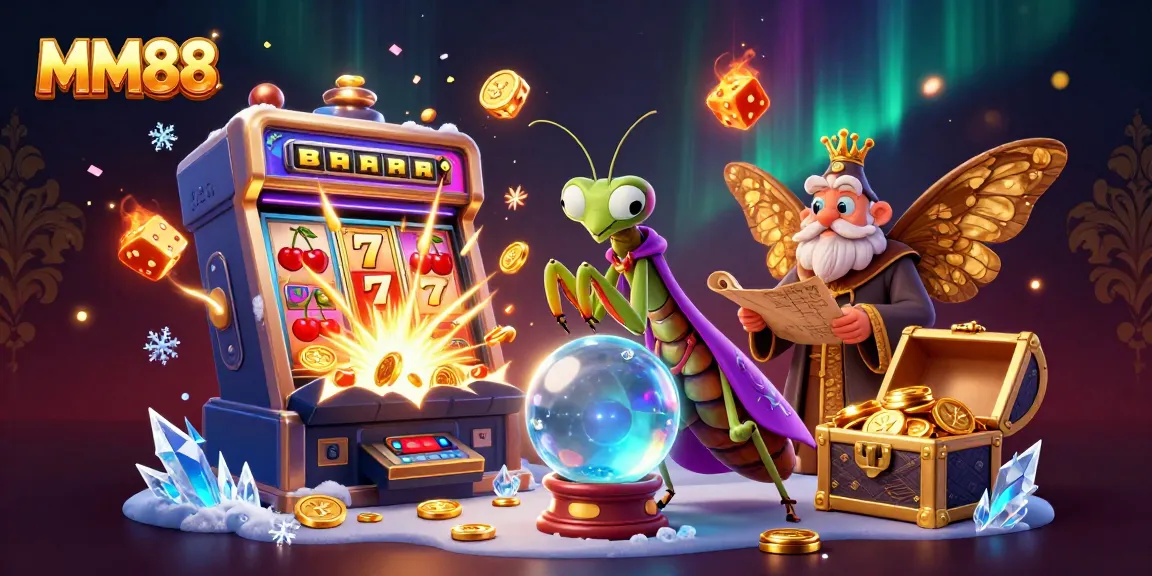 Spin the slots for winnings with MM88's vibrant casino scene featuring fortune tellers and jackpots.