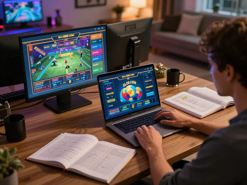 Player engaging in online casinos at home using ALO8 COM with vivid screens and strategic notes.