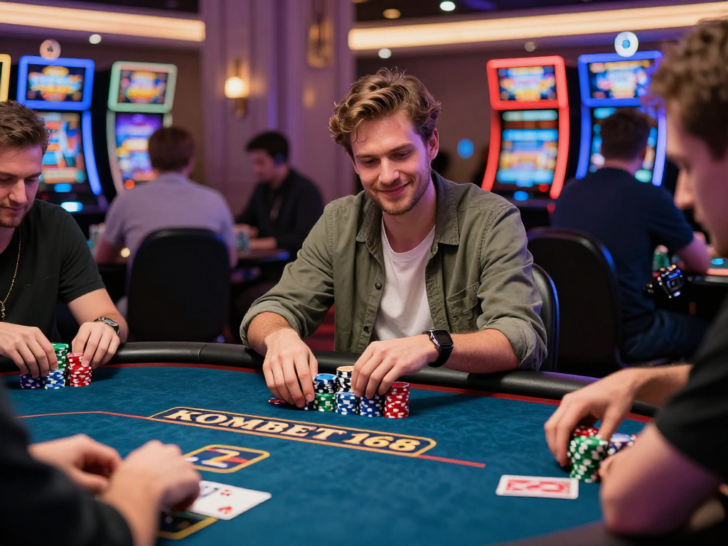Experience the excitement of KOMBET168 at a vibrant casino poker table filled with colorful chips and lively players.