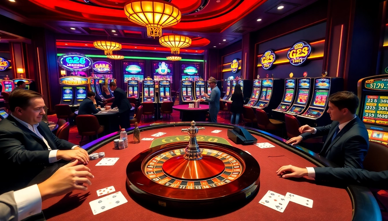 Players enjoy games at the G28 casino table filled with colorful chips and cards.