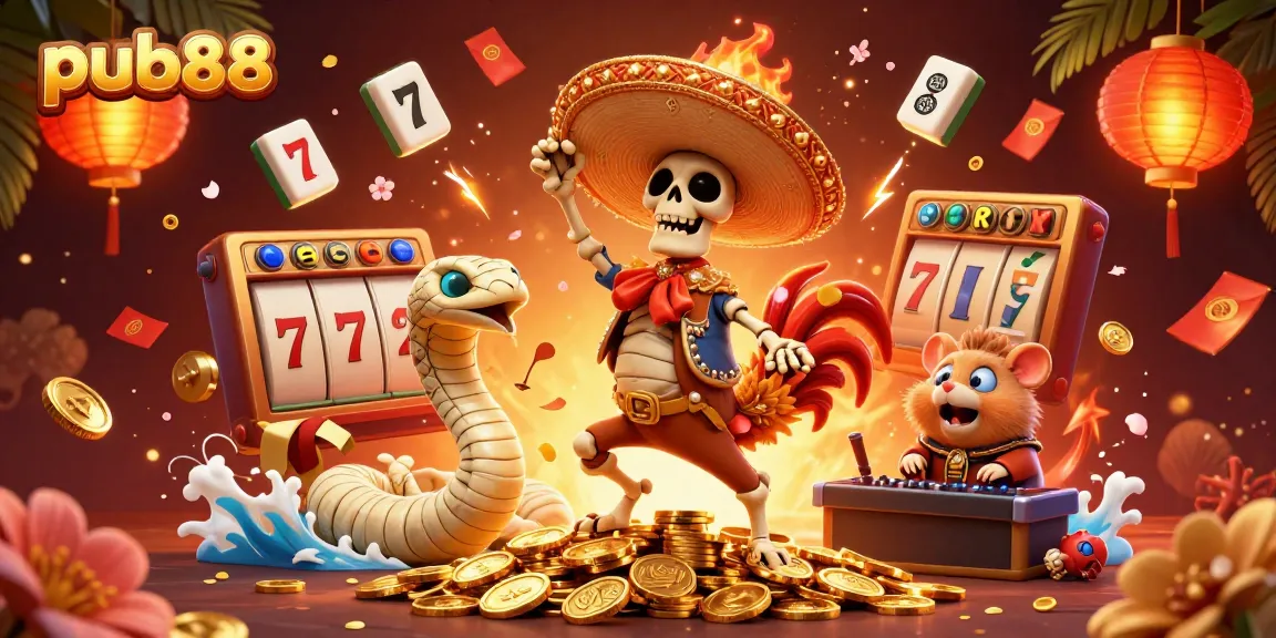 Win big at pub88 with a festive scene showcasing a victorious rooster, mummy snake, and DJ hamster in a vibrant casino.