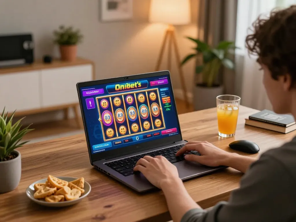Players enjoying online casino games on Onbet, showcasing vibrant slots interface and cozy home setup