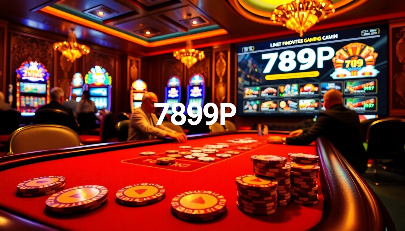 Dynamic casino scene featuring 789P poker table with chips and cards amidst vibrant slot machines.