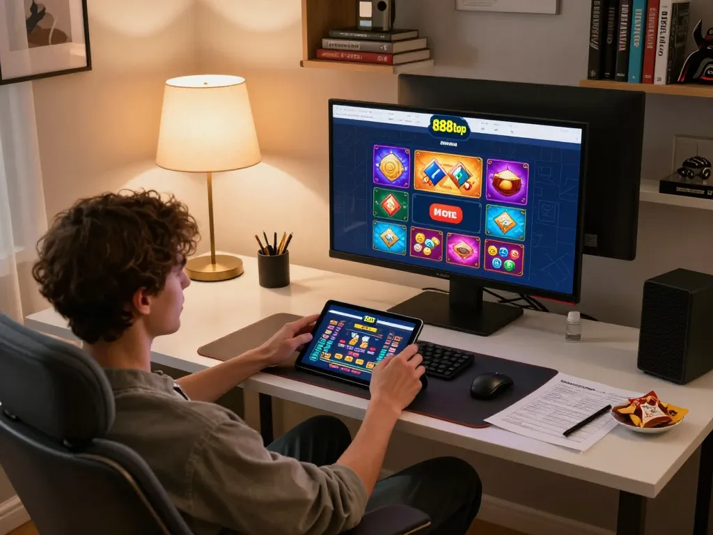 Engaging with games on the 888top platform from a stylish home setup with cozy atmosphere.