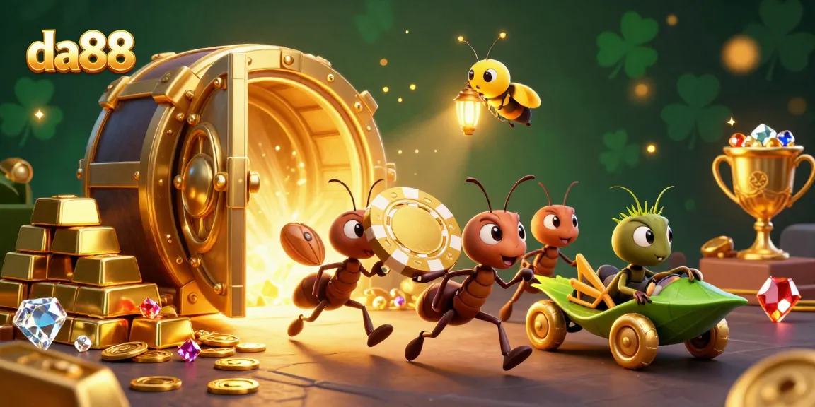 Ants execute a heist with a giant poker chip for da88, surrounded by luxury casino treasures.