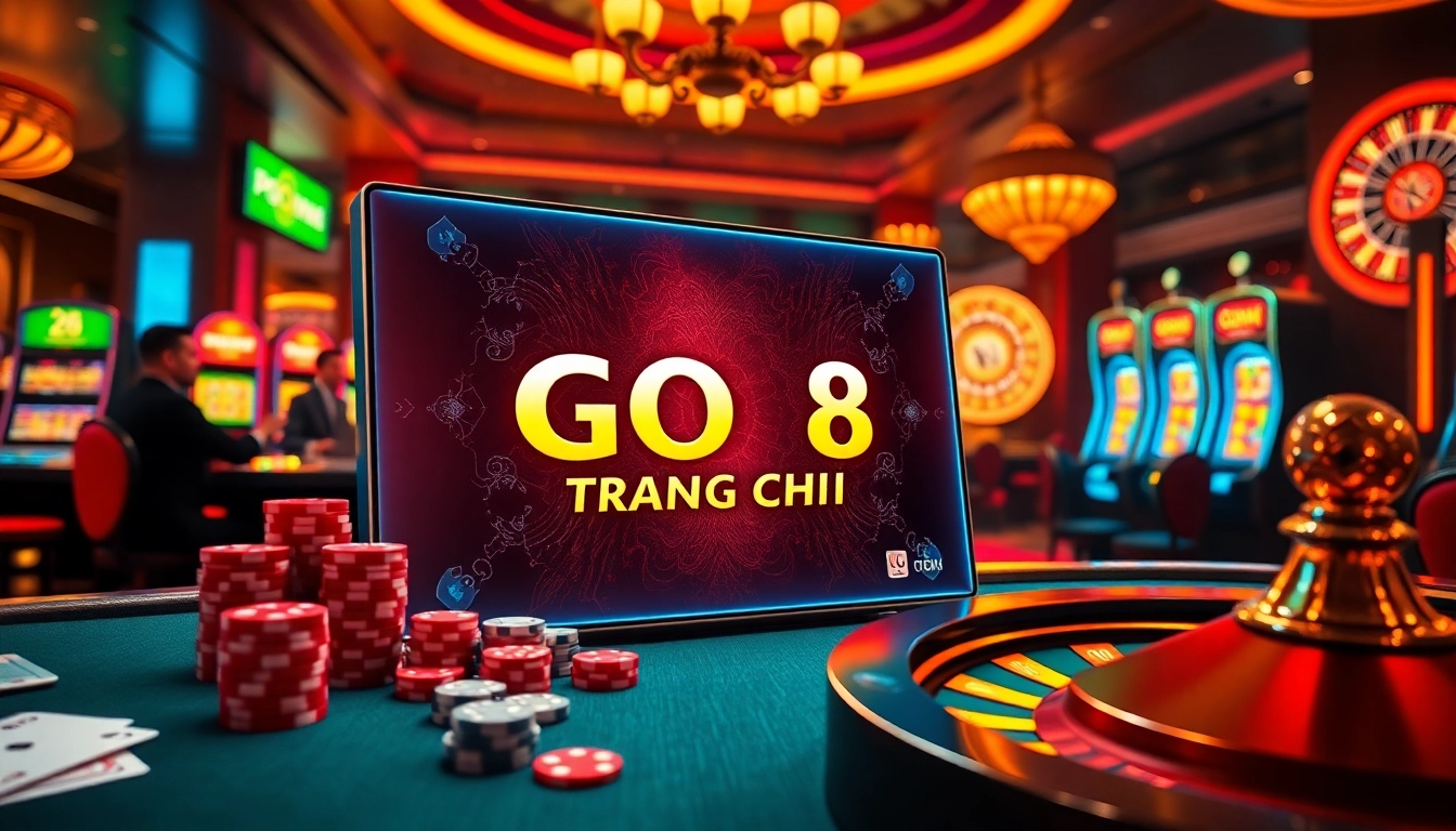 Experience GO8 TRANG CHỦ with exciting poker tables and vibrant slot machines in a luxurious casino setting.