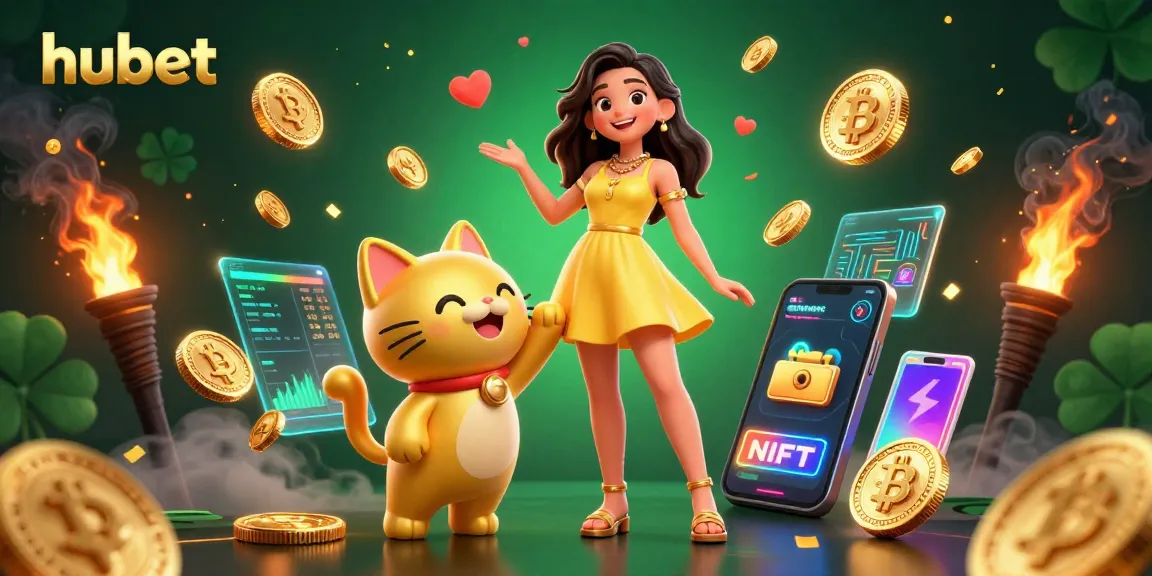 Join the excitement of hubet with a cheerful character, Bitcoin, and Ethereum elements in this vibrant casino illustration.