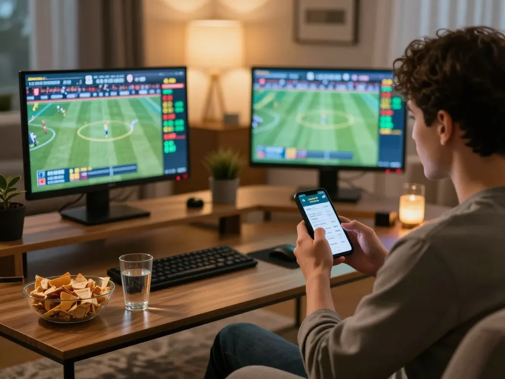 Engaging in sports betting with 123Win đăng ký in a cozy home setting, screens displaying live odds and events.