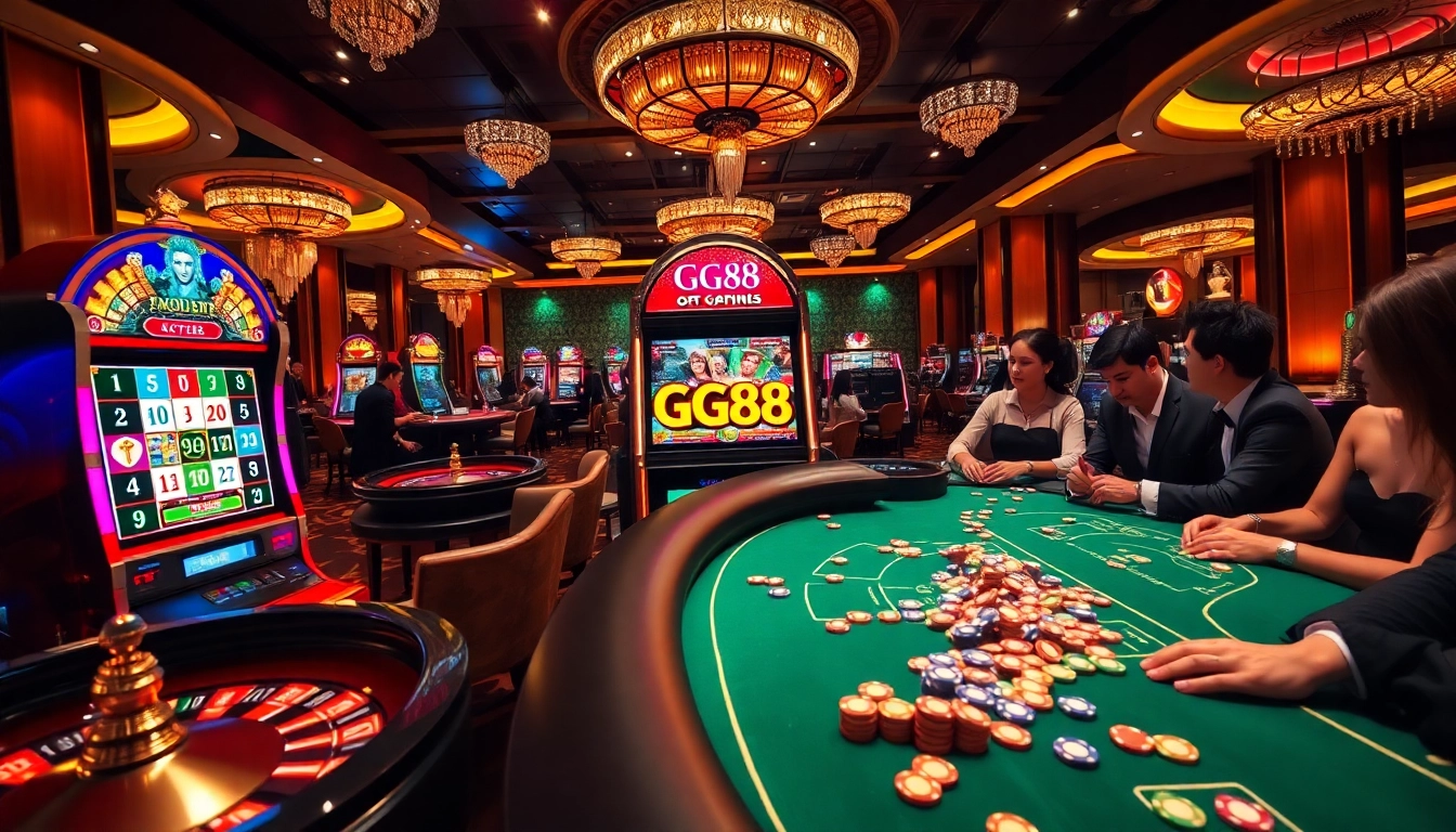 Players enjoying a thrilling game at the GG88 slot machine in a luxurious casino.