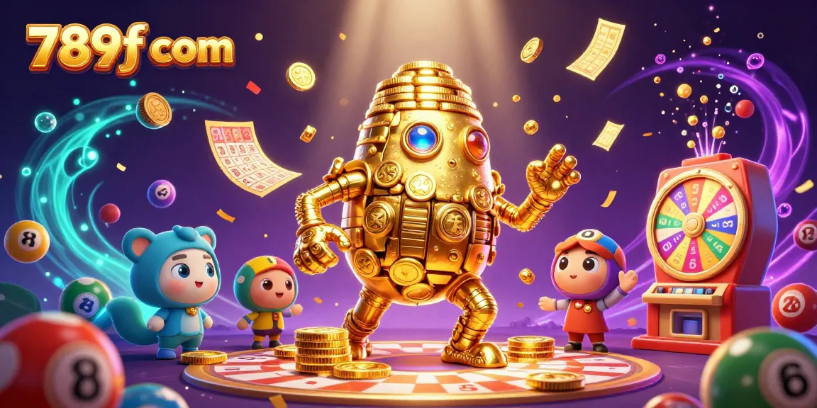 Experience thrilling games at 789f com with a vibrant 3D golden golem amidst swirling lottery elements.