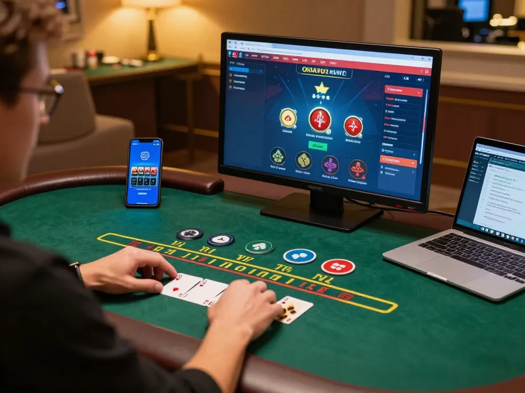 Engaging with live dealer blackjack on kp88 with a stylish online gaming setup, showcasing strategies and vibrant atmosphere.