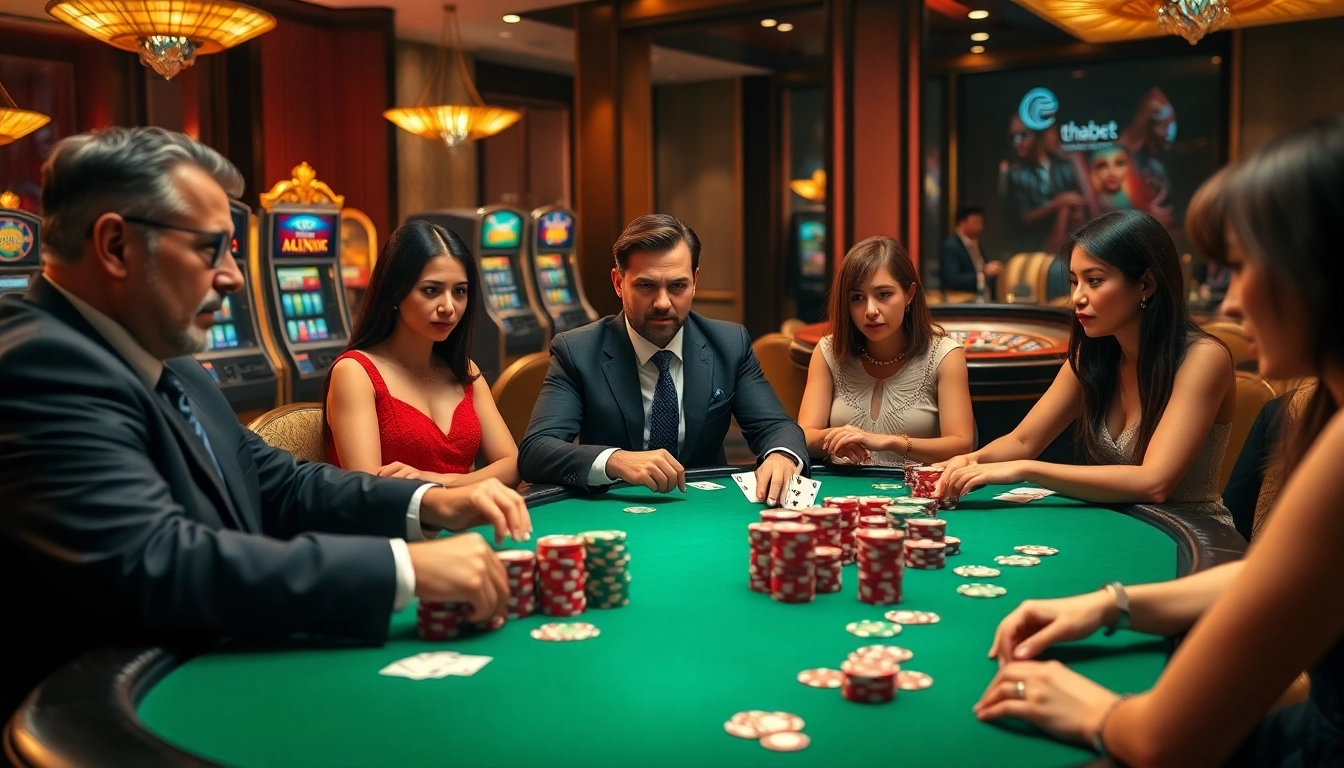 Players engaged in a thrilling poker game at thabet, surrounded by vibrant casino elements.
