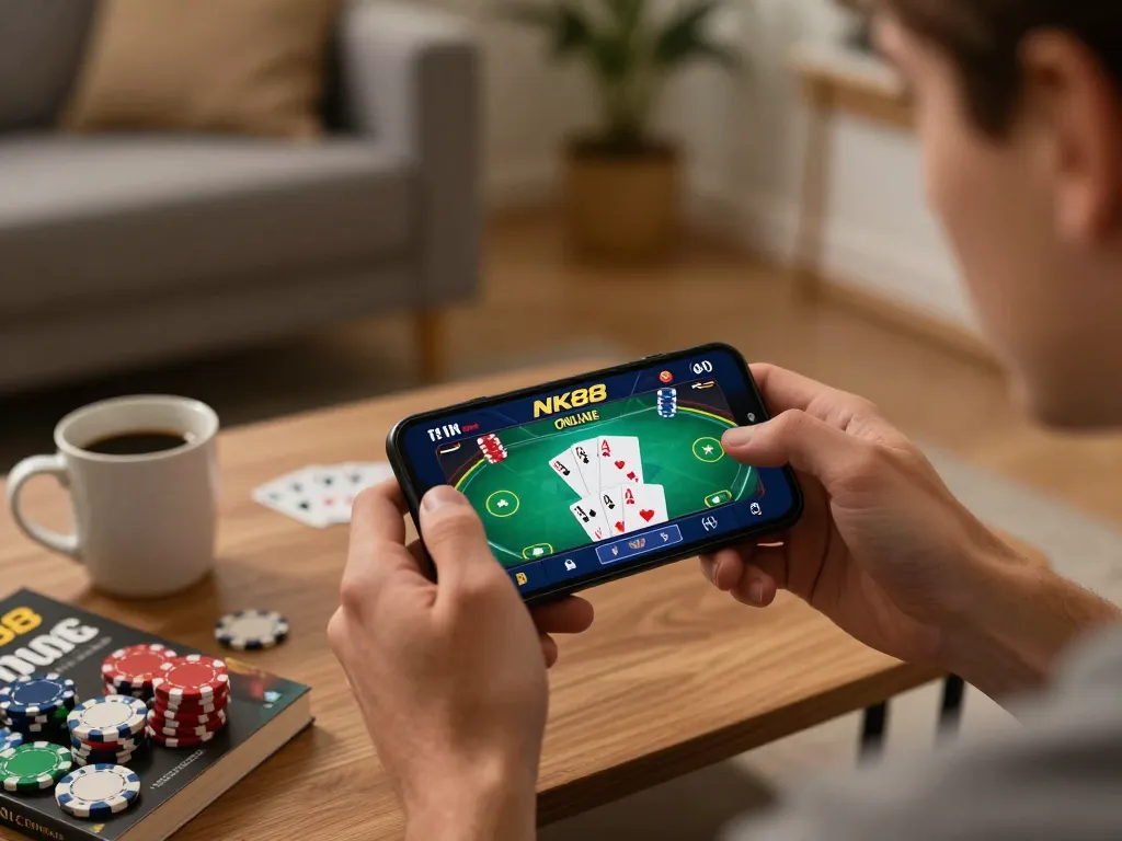 Mobile user playing NK88 casino poker on a smartphone in a cozy home setting.