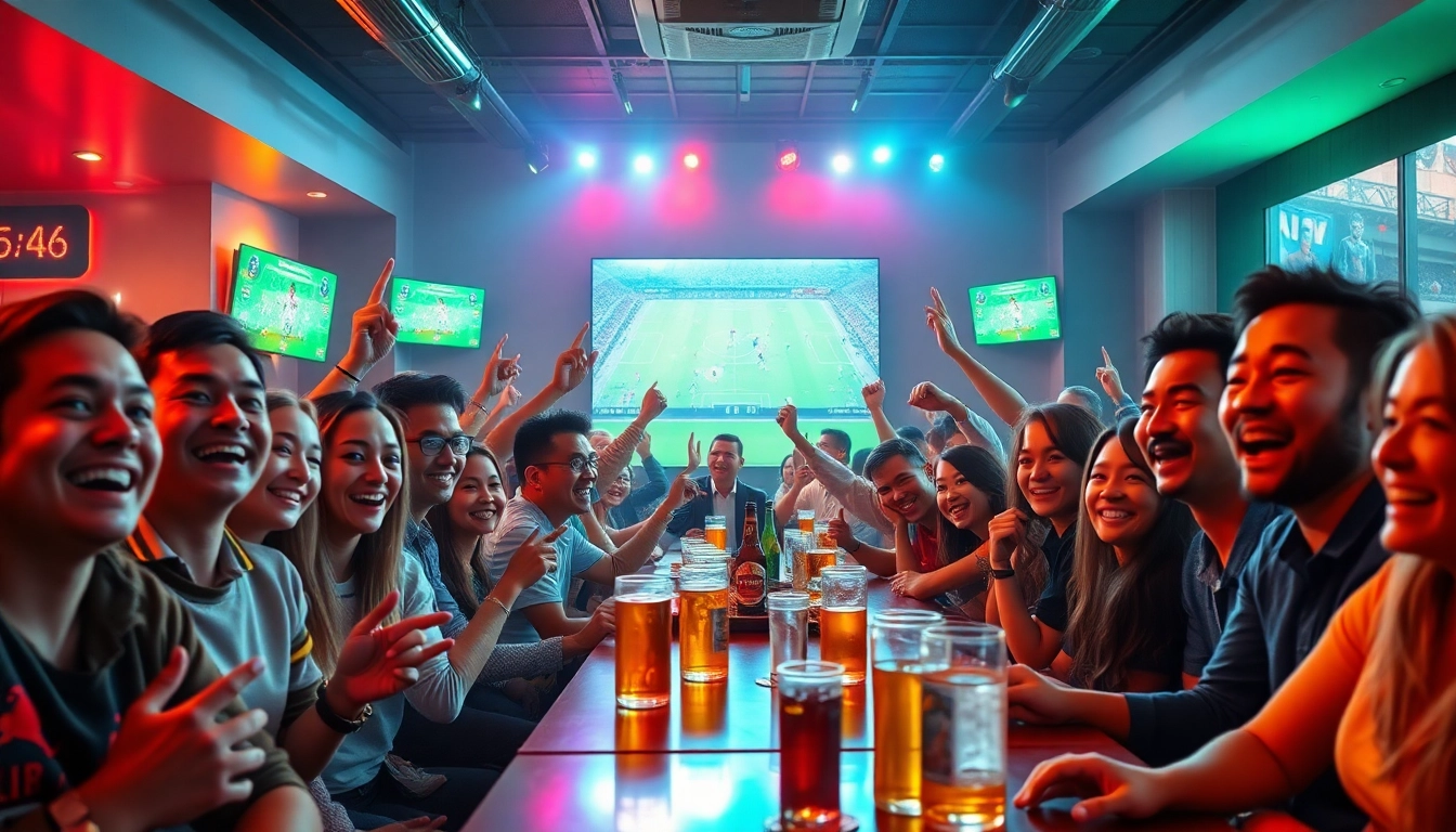 Xem bóng đá hôm nay with enthusiastic fans enjoying a soccer match in a vibrant sports bar atmosphere.
