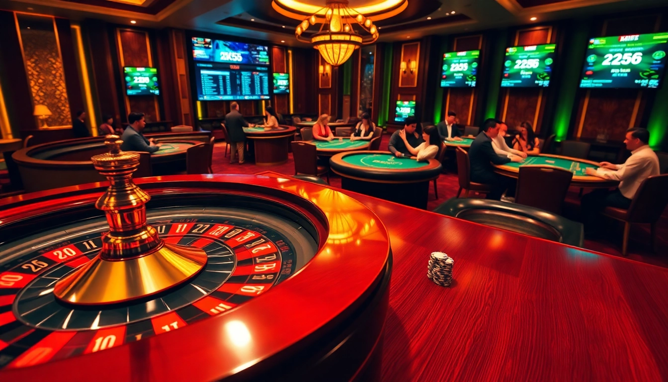 KK55 casino scene depicting exciting gameplay at roulette and blackjack tables with vibrant colors.